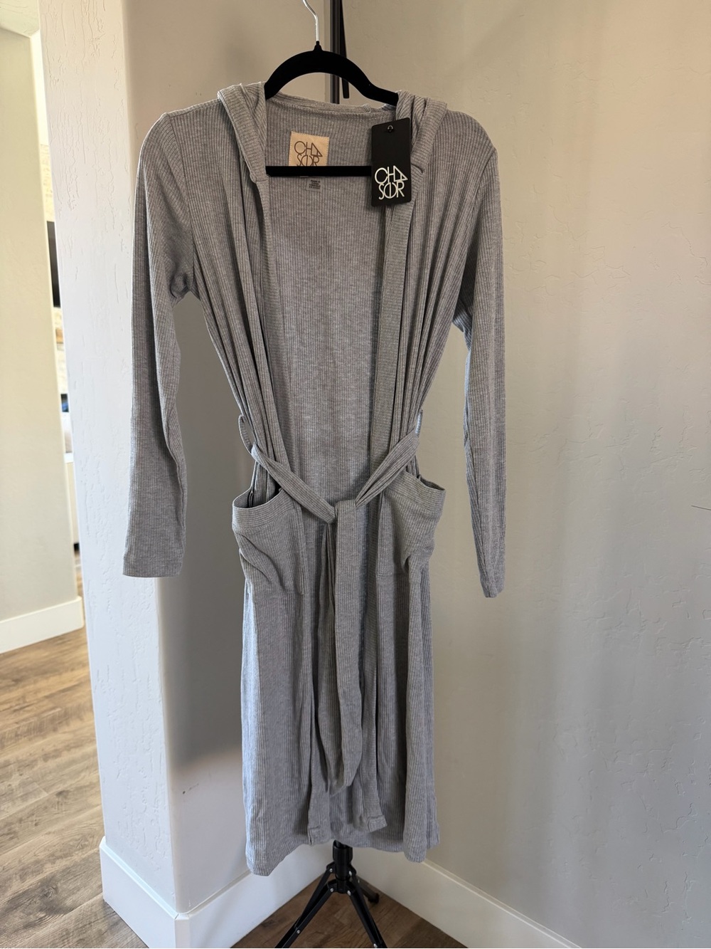 Chaser Ribbed Hooded Lounge Robe NWT Heather Gray Tie Waist XS